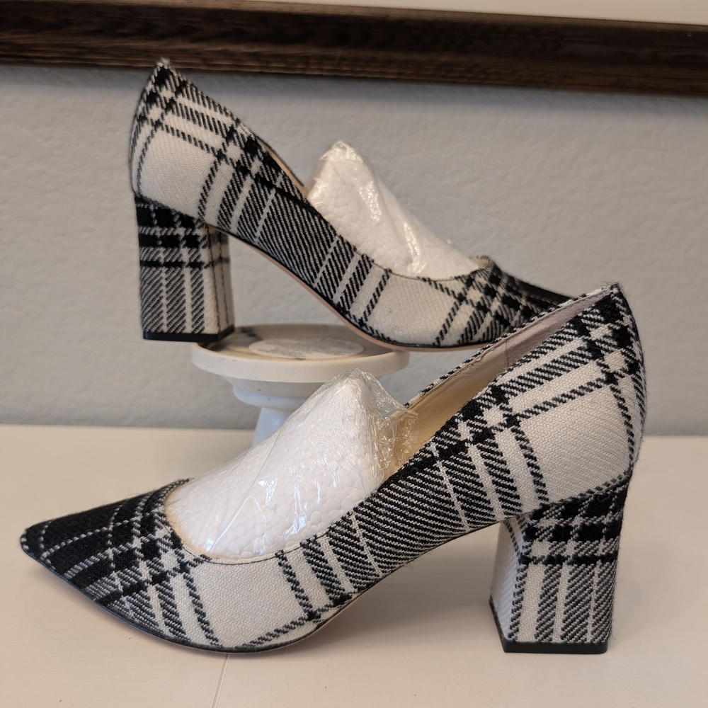 Marc Fisher LTD Black White Plaid Pointed Toe Block Heel Pumps Mens 8.5M